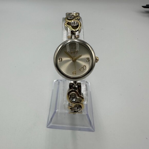 Heart Watch Women Silver Gold Two Tone  Rhinestone Band New Battery 7.5 Inch - Picture 3 of 14